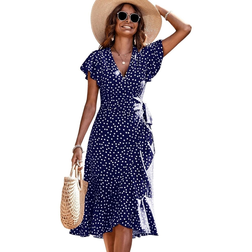 SweatyRocks‎ Women's Polka Dots Short Sleeve V Neck Wrap Dress Tie Side Ruffle